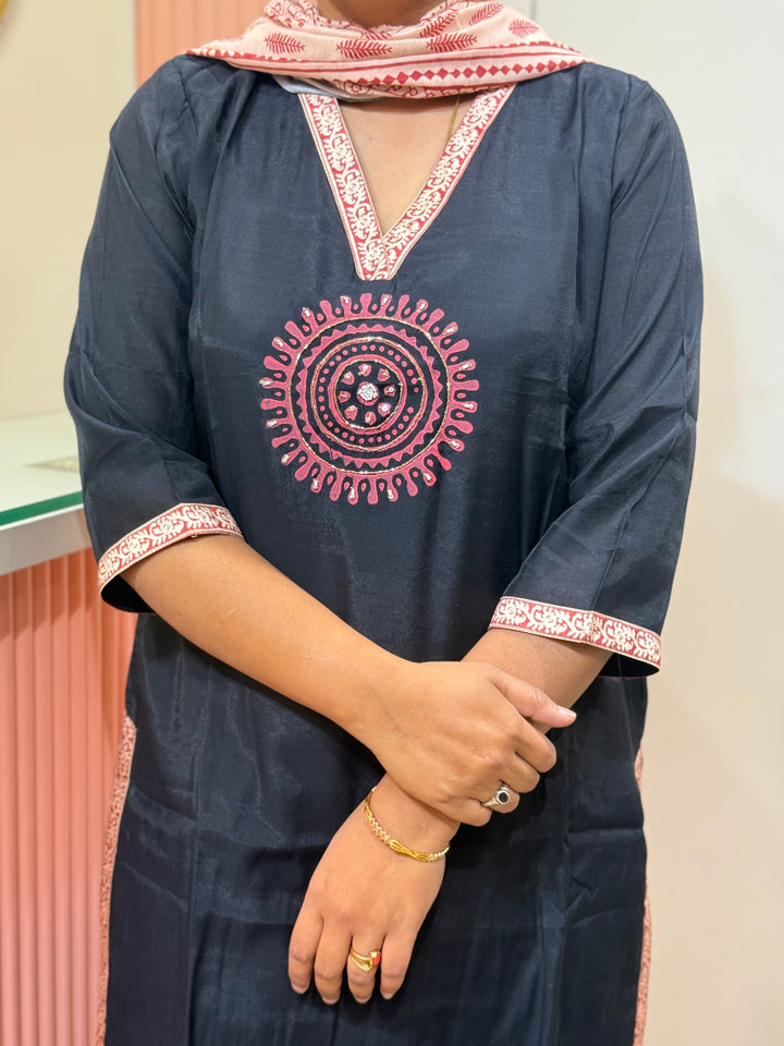 ROMAN SILK WOMEN  3 PCS SUIT SET WITH AJRAKH PRINTED DUPATTA