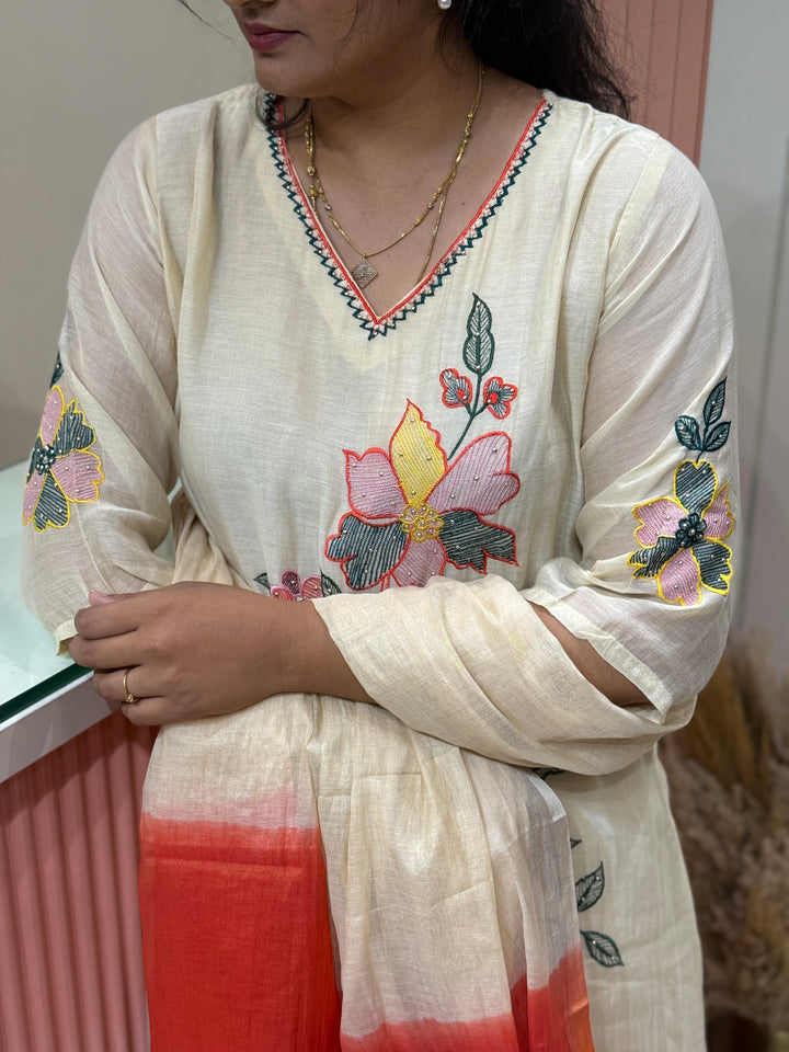 Pure Banarasi Mul Chanderi 3 Pcs Kurti set and Hand Embroidery work| R218