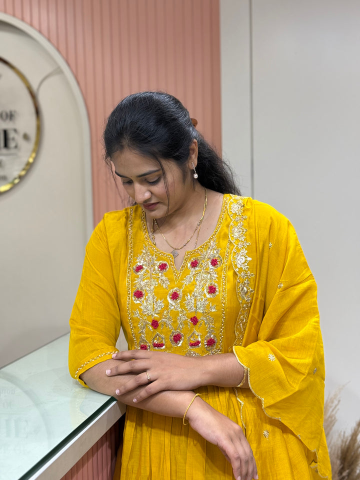Premium Mul Chanderi Collection with Dupatta | Kali Pattern &amp; Handwork| R206