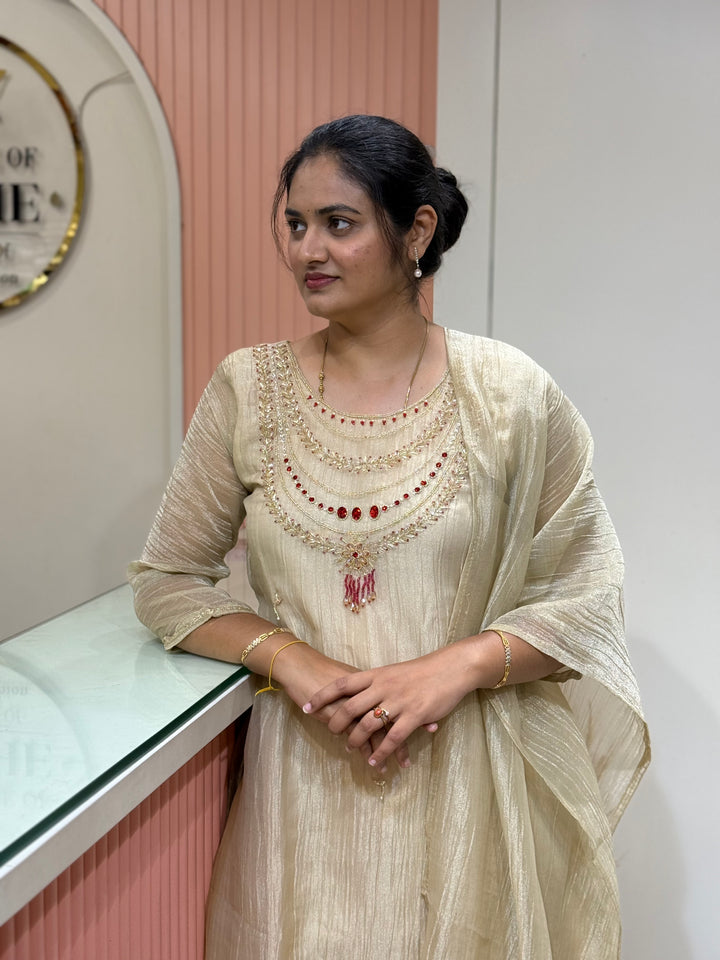 Shimmer Crush Tissue Fabric (salsa) with Jewellery-Style Neck Handwork 𝗦𝘂𝗶𝘁 𝗔𝗿𝗿𝗶𝘃𝗲𝗱 | R148