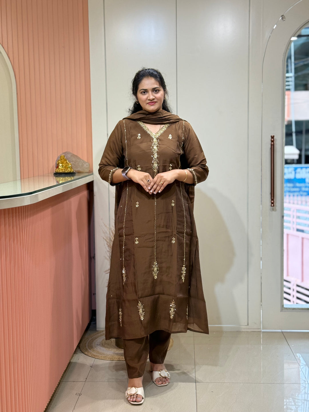 S Mul Chanderi 3 Pc Kurta Set | Semi Party Wear | R138