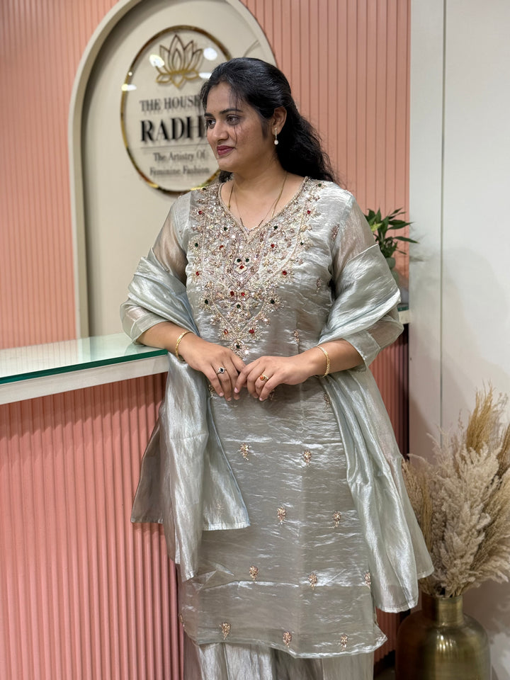 Premium Shimmer Crush Tissue 3pcs kurta set | R228