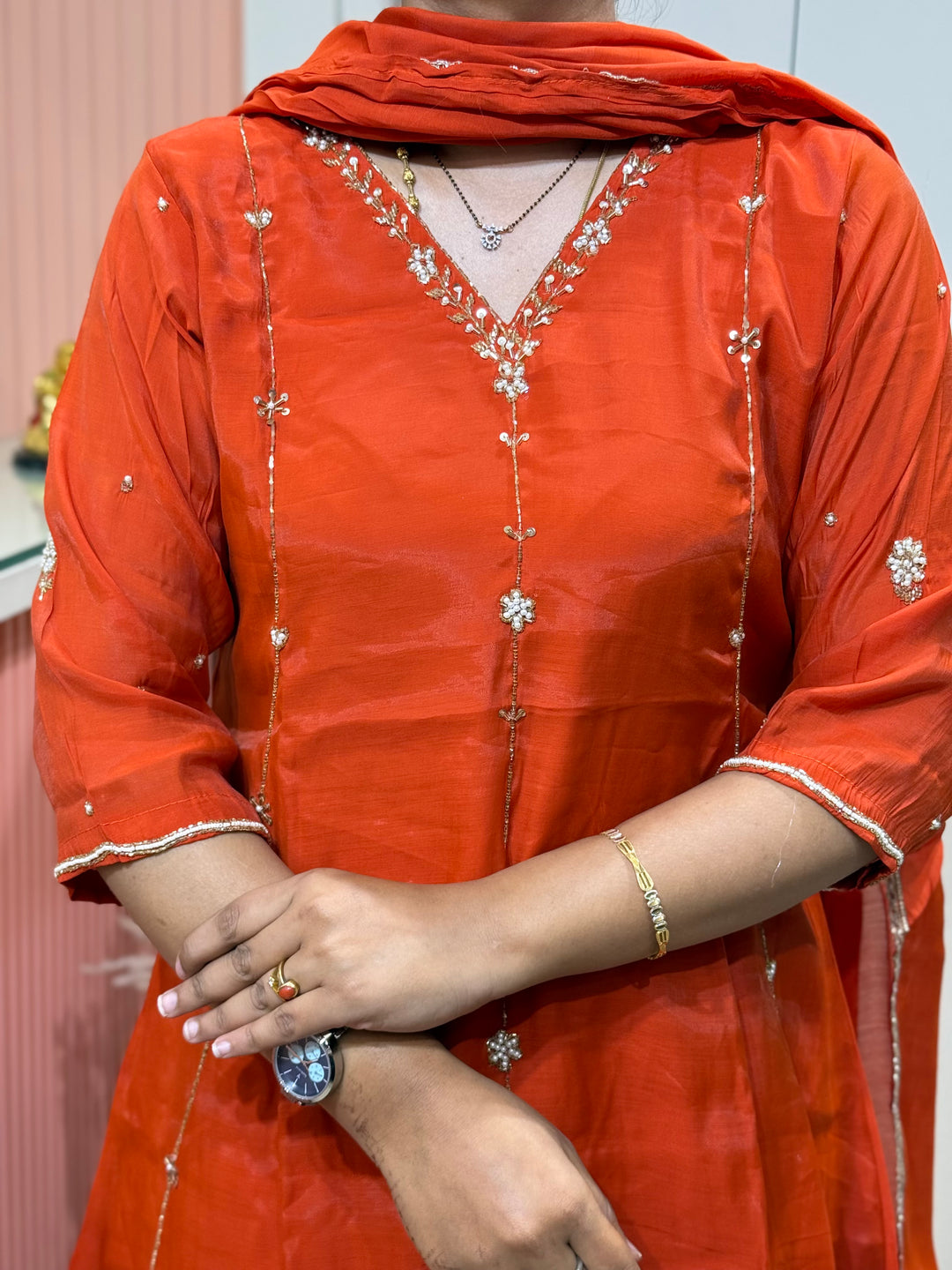 S Mul Chanderi 3 Pc Kurta Set – Cutdana &amp; Bead Work | Semi Party Wear | R138
