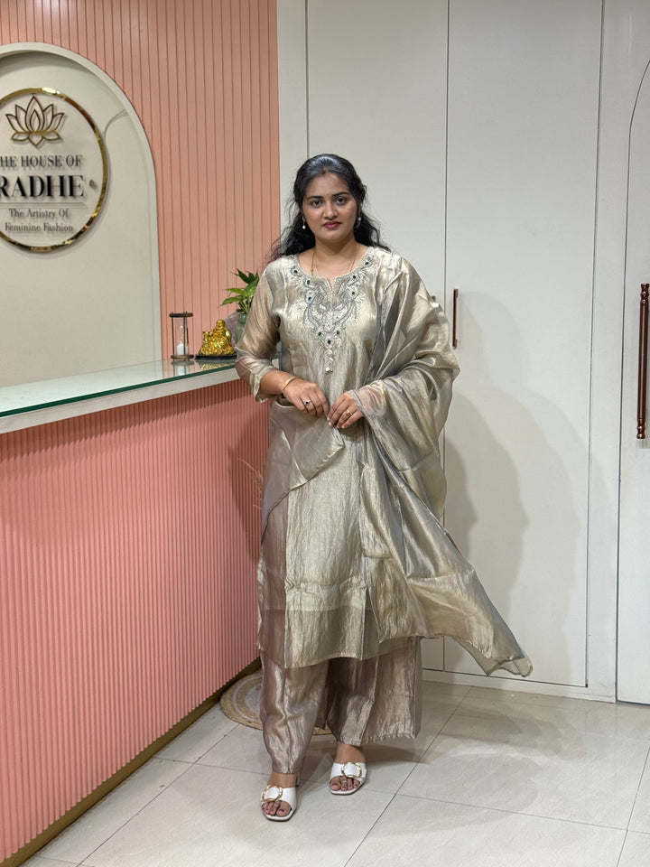 Premium Shimmer Crush Tissue Fabric with Handwork 𝗦𝘂𝗶𝘁 𝗔𝗿𝗿𝗶𝘃𝗲𝗱 ( Cotton Lining )| R228
