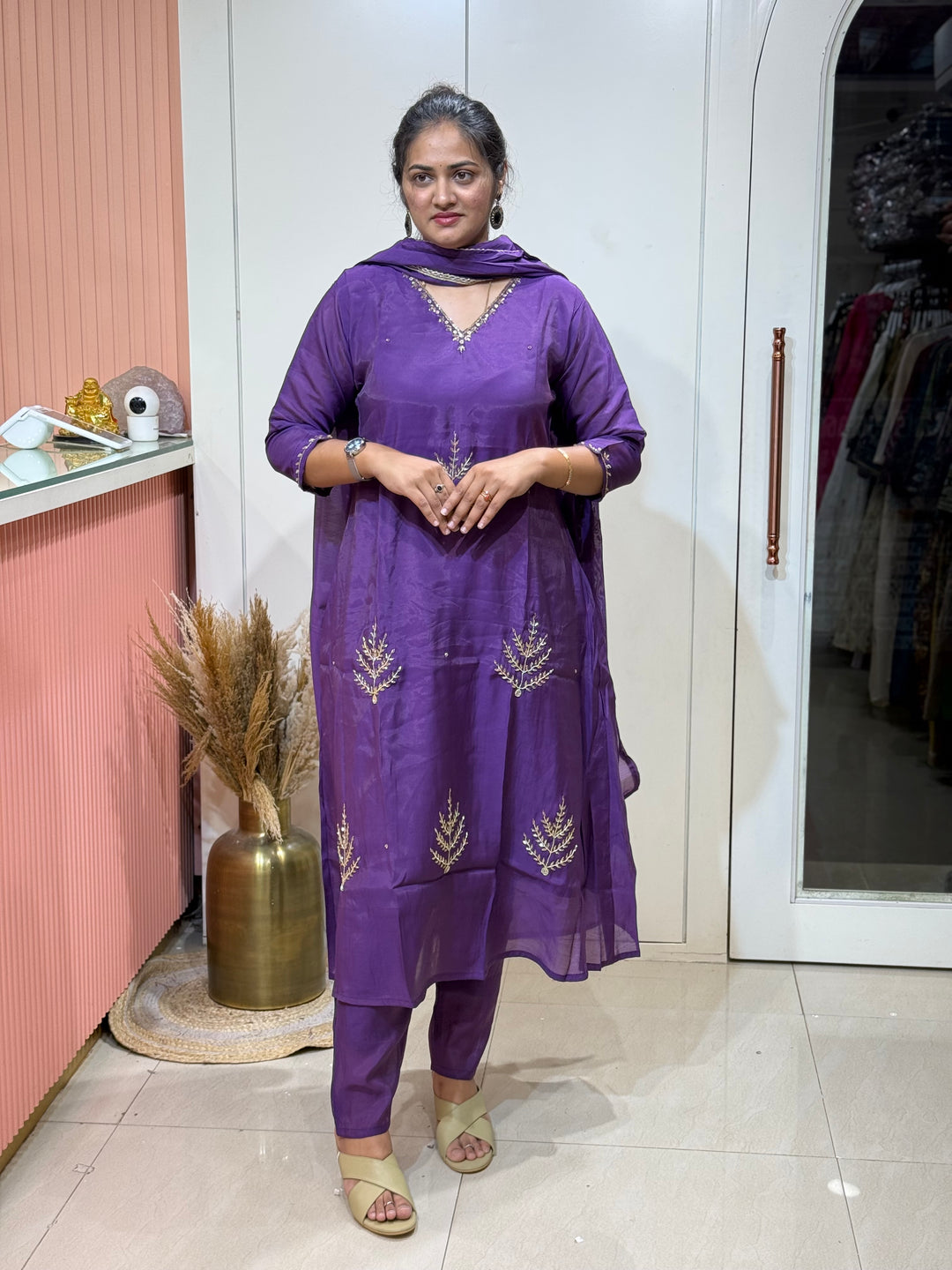 S Mul Chanderi 3 Pc Kurta Set | Semi Party Wear (New Arrivals)| R138