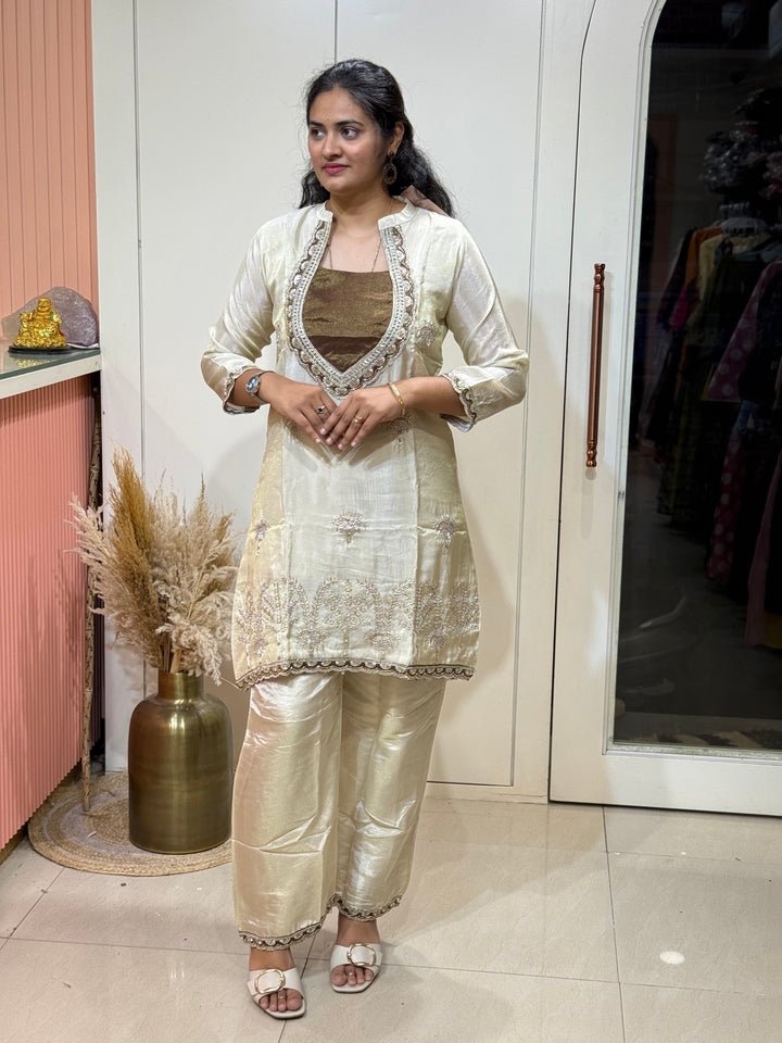 Designer Tissue Shimmer 2 Pc Collection – Contrast Yoke &amp; Cut Dana Work (Cotton Lining )| R167