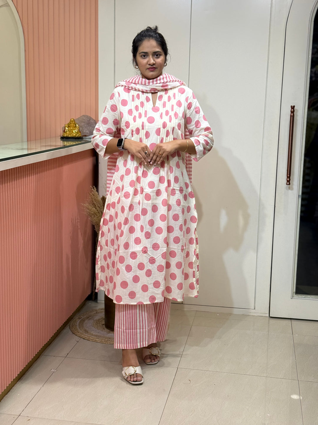 Pure Cotton 3 Pc Kurta Set with Kota Cotton Dupatta – Polka Design | R111