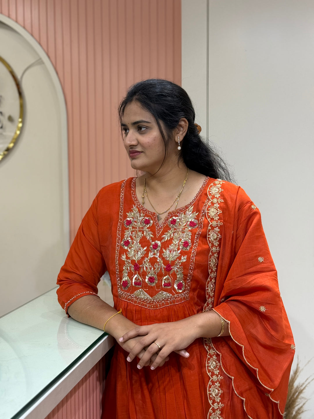 Premium Mul Chanderi Collection with Dupatta | Kali Pattern &amp; Handwork| R206