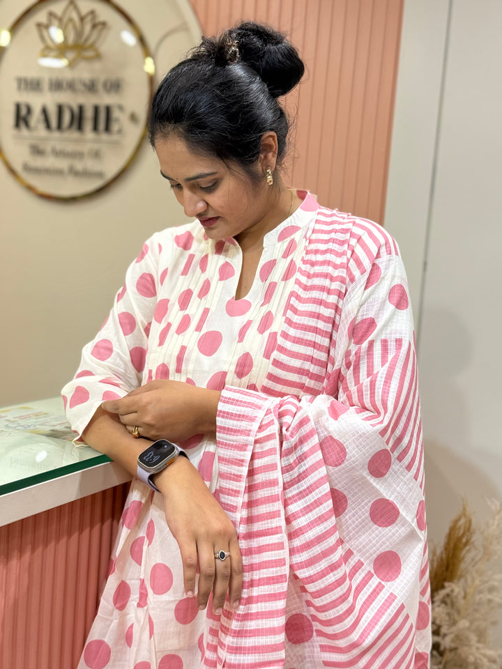 Pure Cotton 3 Pc Kurta Set with Kota Cotton Dupatta – Polka Design | R111