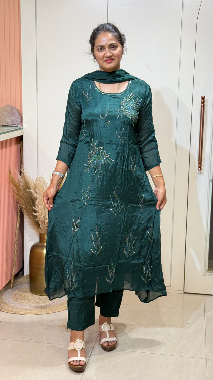 Pure Chinnon Premium 3 Pc Collection – Heavy Handwork Party Wear | R177