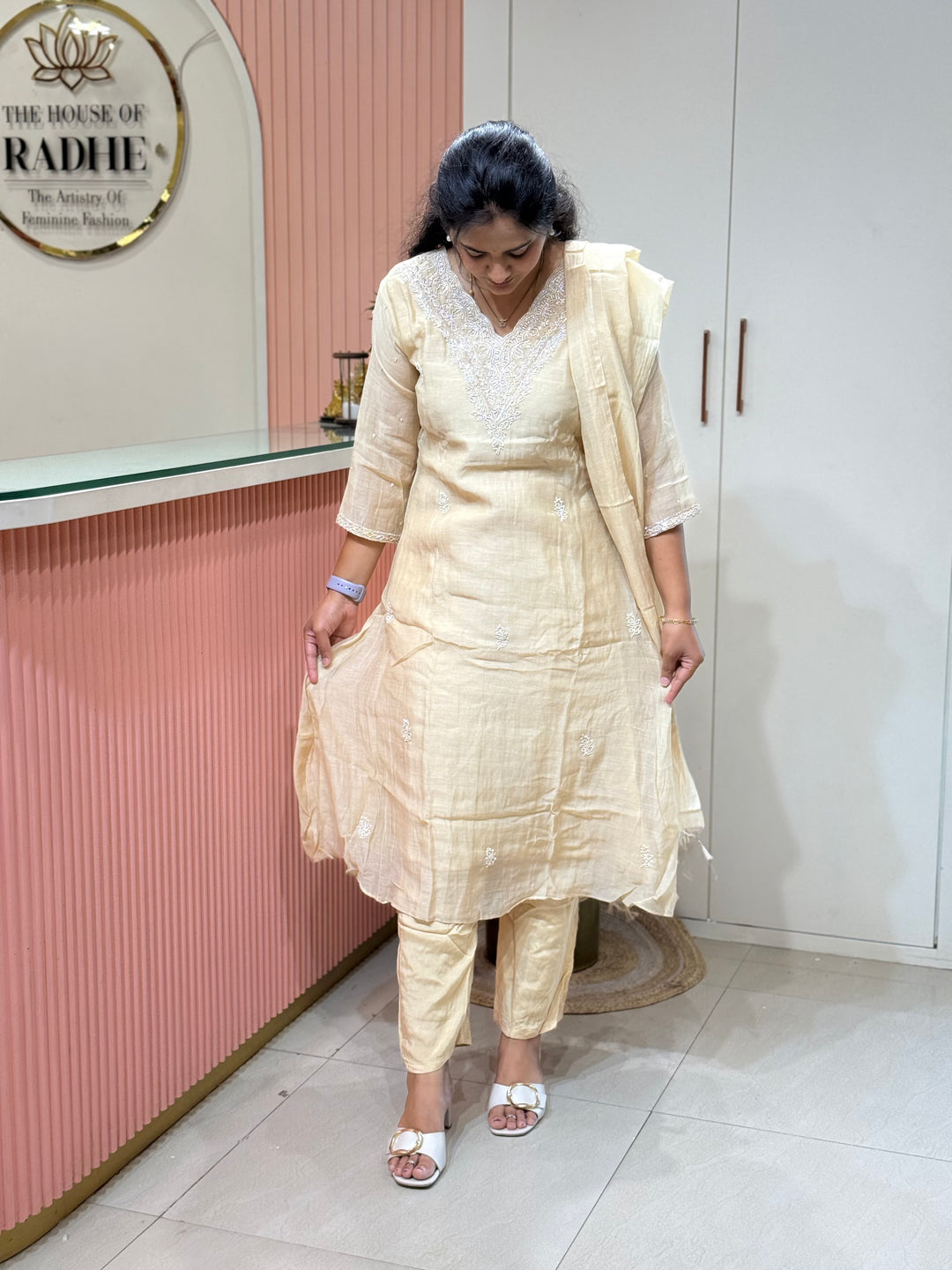 Pure Banarasi Mul Chanderi 3 Pcs Kurti set and Hand Embroidery work| R218
