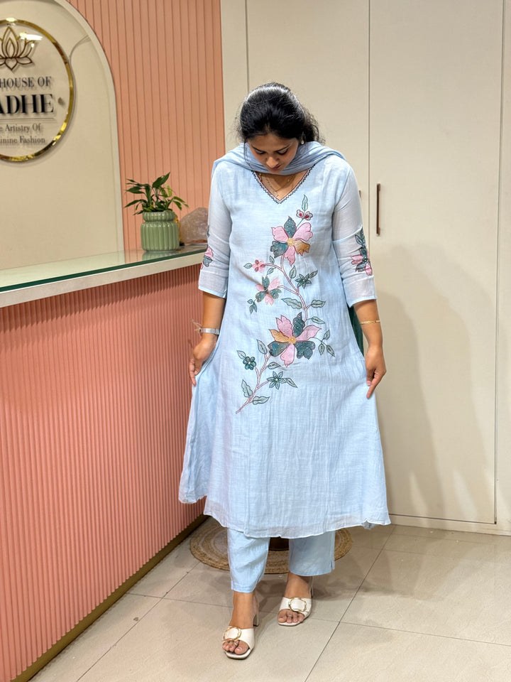 Pure Banarasi Mul Chanderi 3 Pcs Kurti set and Hand Embroidery work| R218