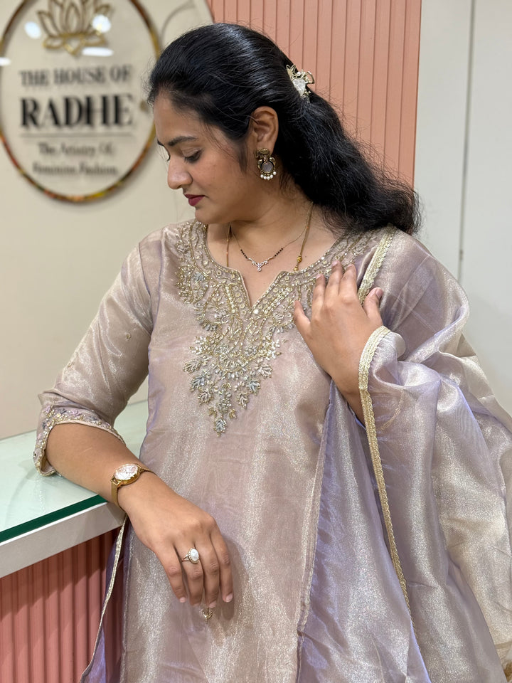 𝗣𝘂𝗿𝗲 𝗧𝗶𝘀𝘀𝘂𝗲 𝗦𝗵𝗶𝗺𝗺𝗲𝗿 𝗖𝗼𝗹𝗹𝗲𝗰𝘁𝗶𝗼𝗻 𝗔𝗿𝗿𝗶𝘃𝗲𝗱 with flare Plazo( Hand Work)| R148