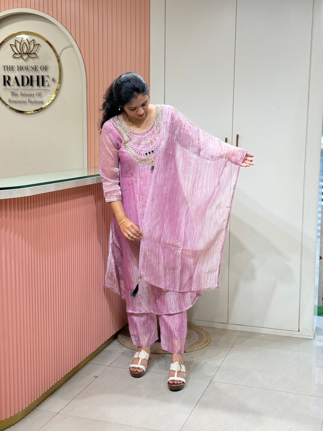 Shimmer Crush Tissue Fabric (salsa) with Jewellery-Style Neck Handwork 𝗦𝘂𝗶𝘁 𝗔𝗿𝗿𝗶𝘃𝗲𝗱 | R148