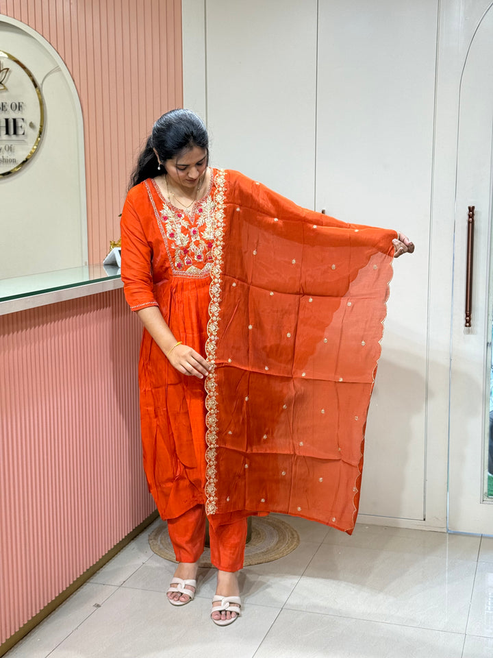 Premium Mul Chanderi Collection with Dupatta | Kali Pattern &amp; Handwork| R206
