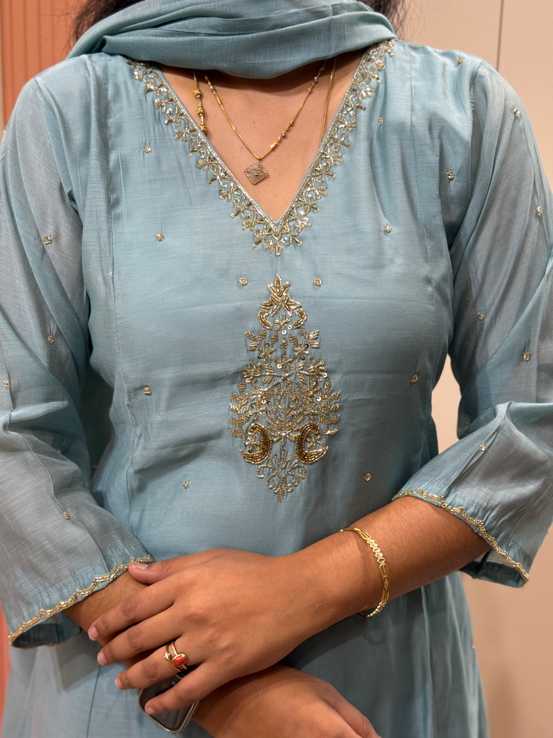 Mul Chanderi Silk 3 Pc Kurta Set | Party Wear| R138
