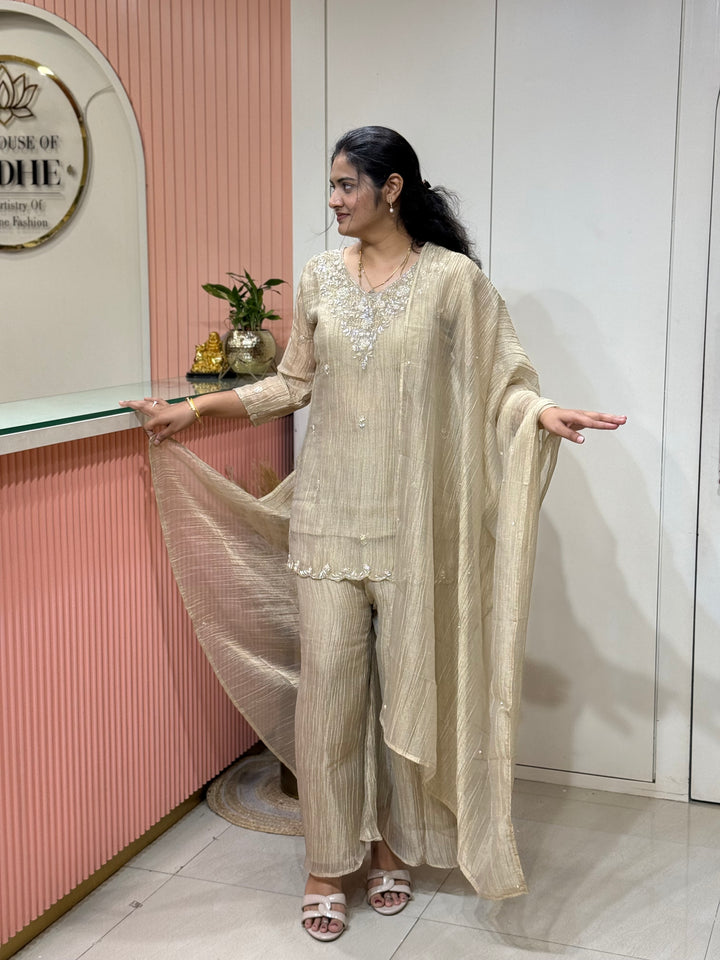 Shimmer Crush Tissue Fabric (salsa) with Handwork 𝗦𝘂𝗶𝘁 𝗔𝗿𝗿𝗶𝘃𝗲𝗱 | R148
