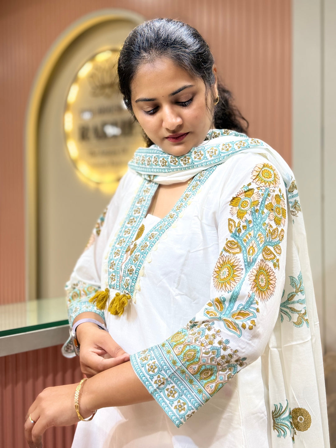 Premium Floral Print A-Line Cotton Set In White | R188