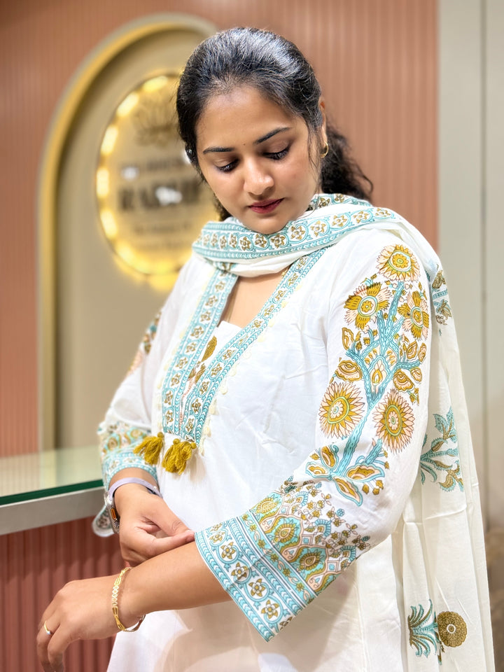 Premium Floral Print A-Line Cotton Set In White | R188