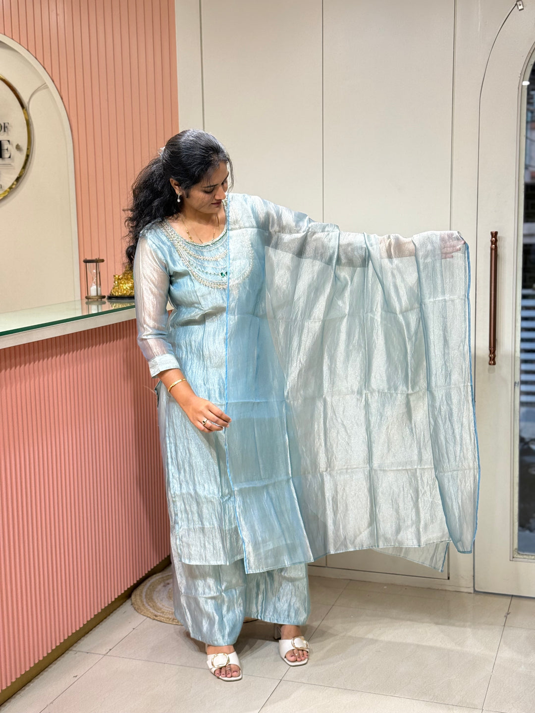 Premium Shimmer Crush Tissue Fabric with Handwork 𝗦𝘂𝗶𝘁 𝗔𝗿𝗿𝗶𝘃𝗲𝗱 ( Cotton Lining )| R228
