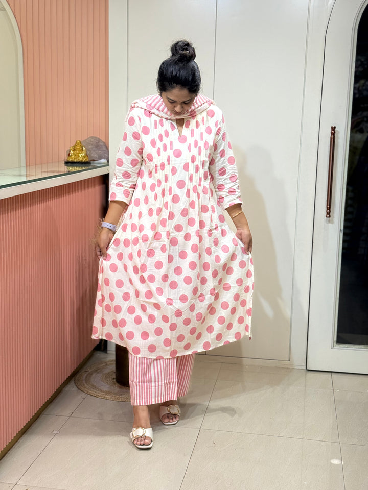 Pure Cotton 3 Pc Kurta Set with Kota Cotton Dupatta – Polka Design | R111