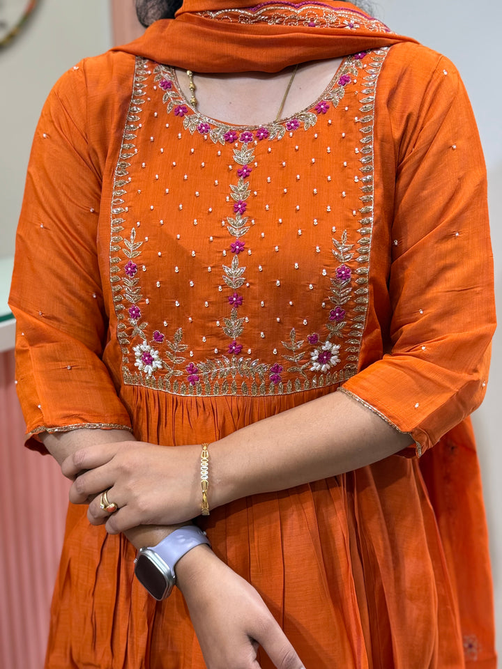 S Mul Chanderi 3 pcs Kurta Semi Party Wear(New Arrivals)| R202