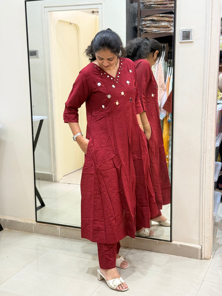 Pure Cotton Kali Pattern 2 Piece Set With Plazo Pant &amp; Real Mirror Work | R186