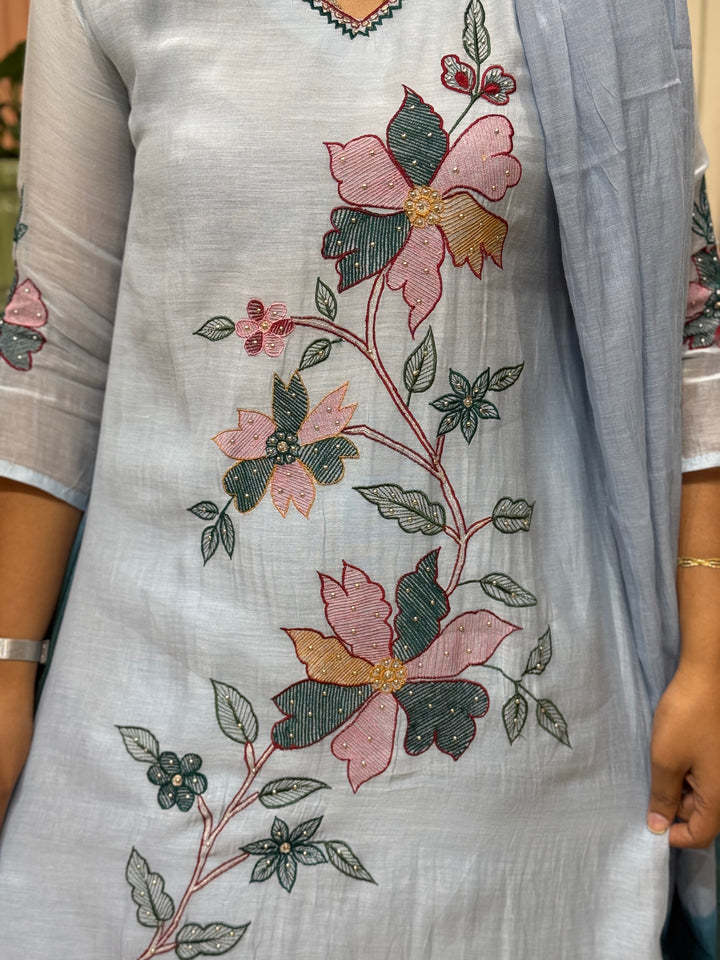 Pure Banarasi Mul Chanderi 3 Pcs Kurti set and Hand Embroidery work| R218