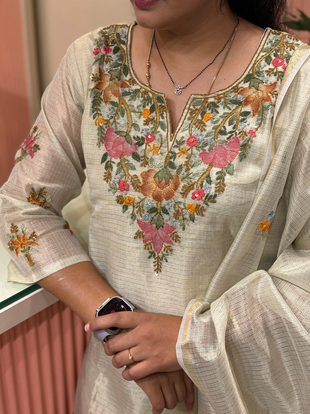 Zari Kota fabric with Hand Embroidery work (Cotton Lining) | R179