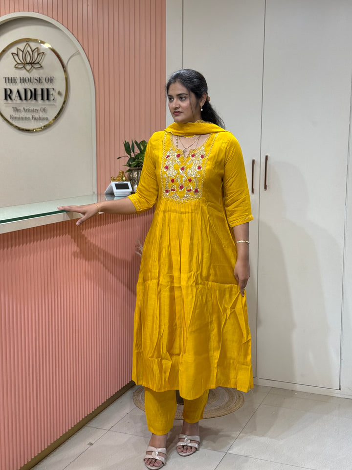 Premium Mul Chanderi Collection with Dupatta | Kali Pattern &amp; Handwork| R206