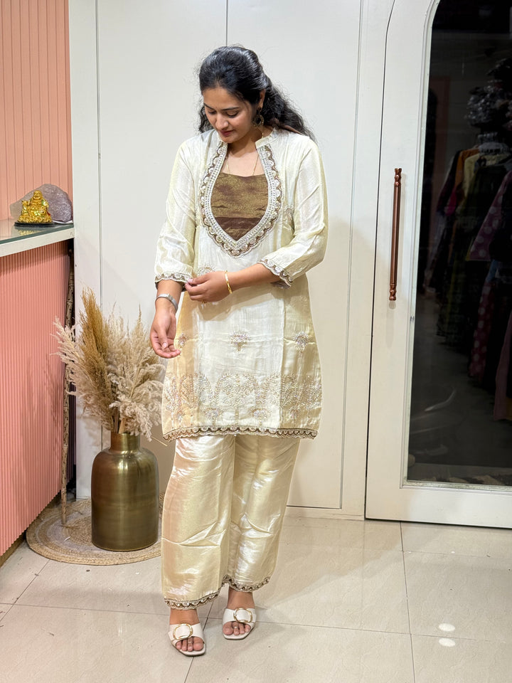 Designer Tissue Shimmer 2 Pc Collection – Contrast Yoke &amp; Cut Dana Work (Cotton Lining )| R167