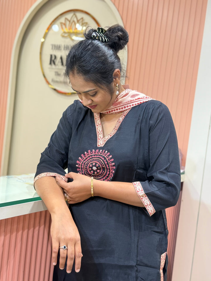 ROMAN SILK WOMEN  3 PCS SUIT SET WITH AJRAKH PRINTED DUPATTA