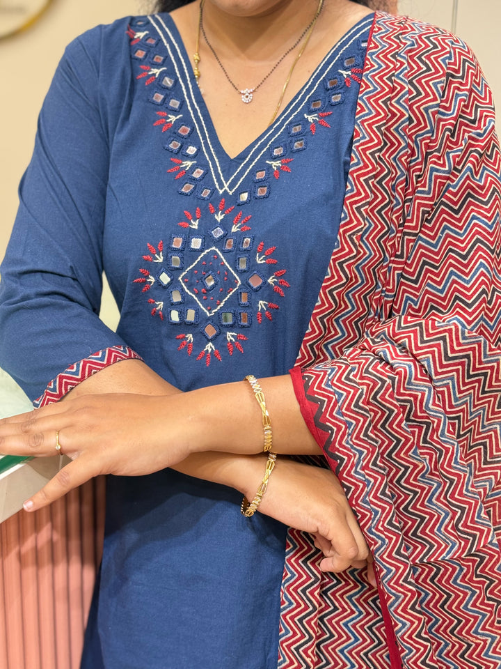 Cotton Collection with Real Mirror Work (Ajrakh Print Dupatta) | R210