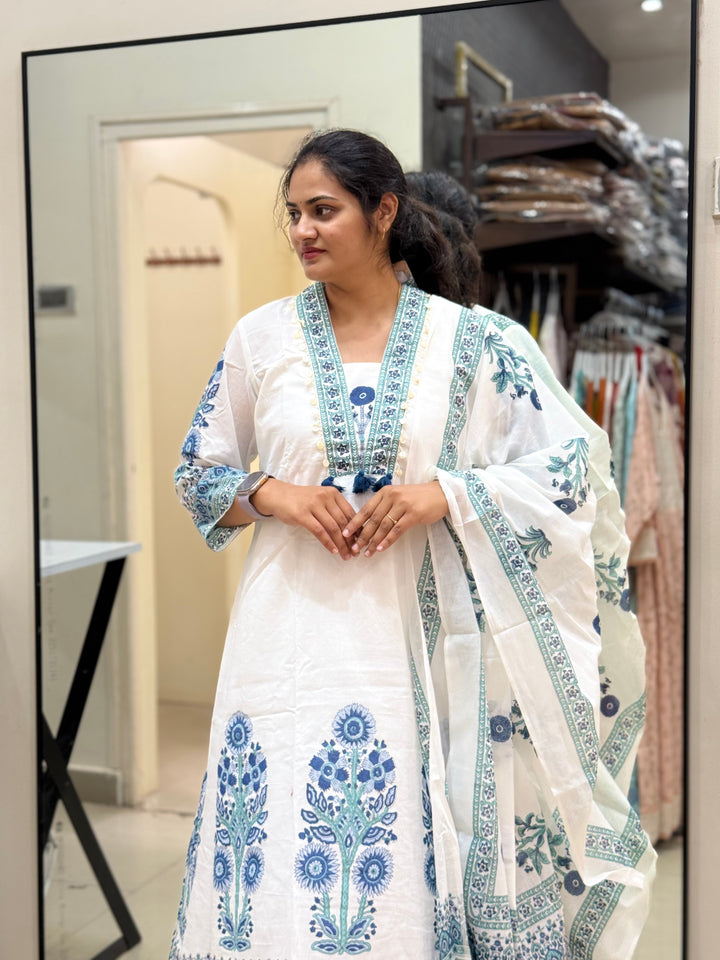 Premium Floral Print A-Line Cotton Set In White | R188