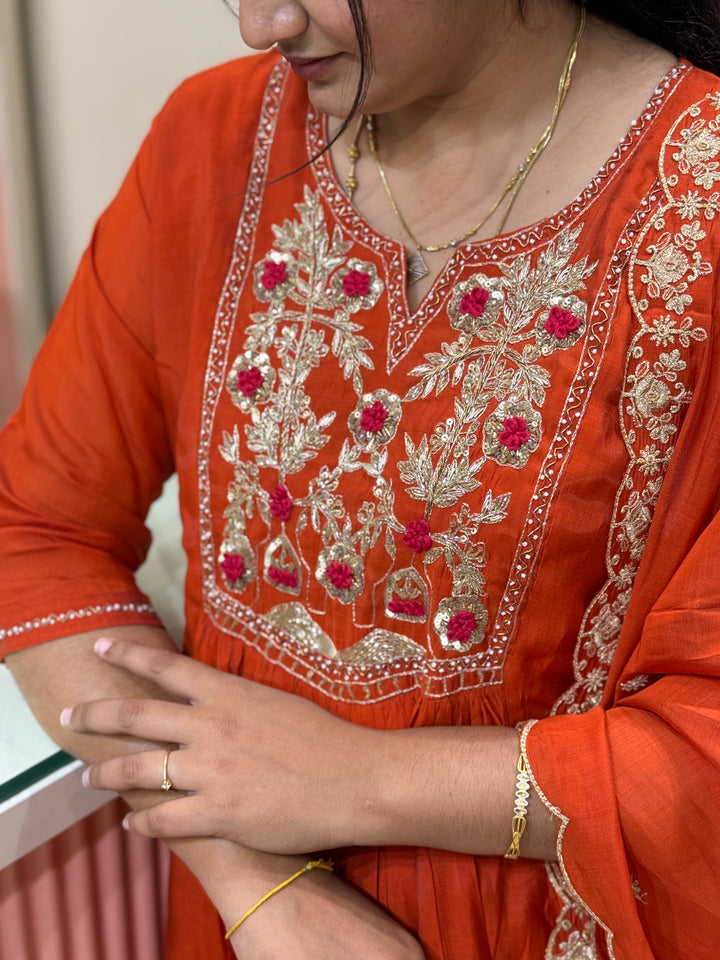 Premium Mul Chanderi Collection with Dupatta | Kali Pattern &amp; Handwork| R206