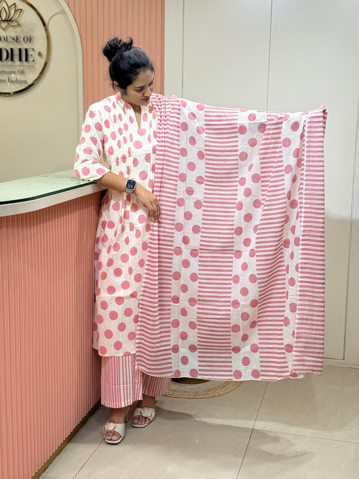 Pure Cotton 3 Pc Kurta Set with Kota Cotton Dupatta – Polka Design | R111