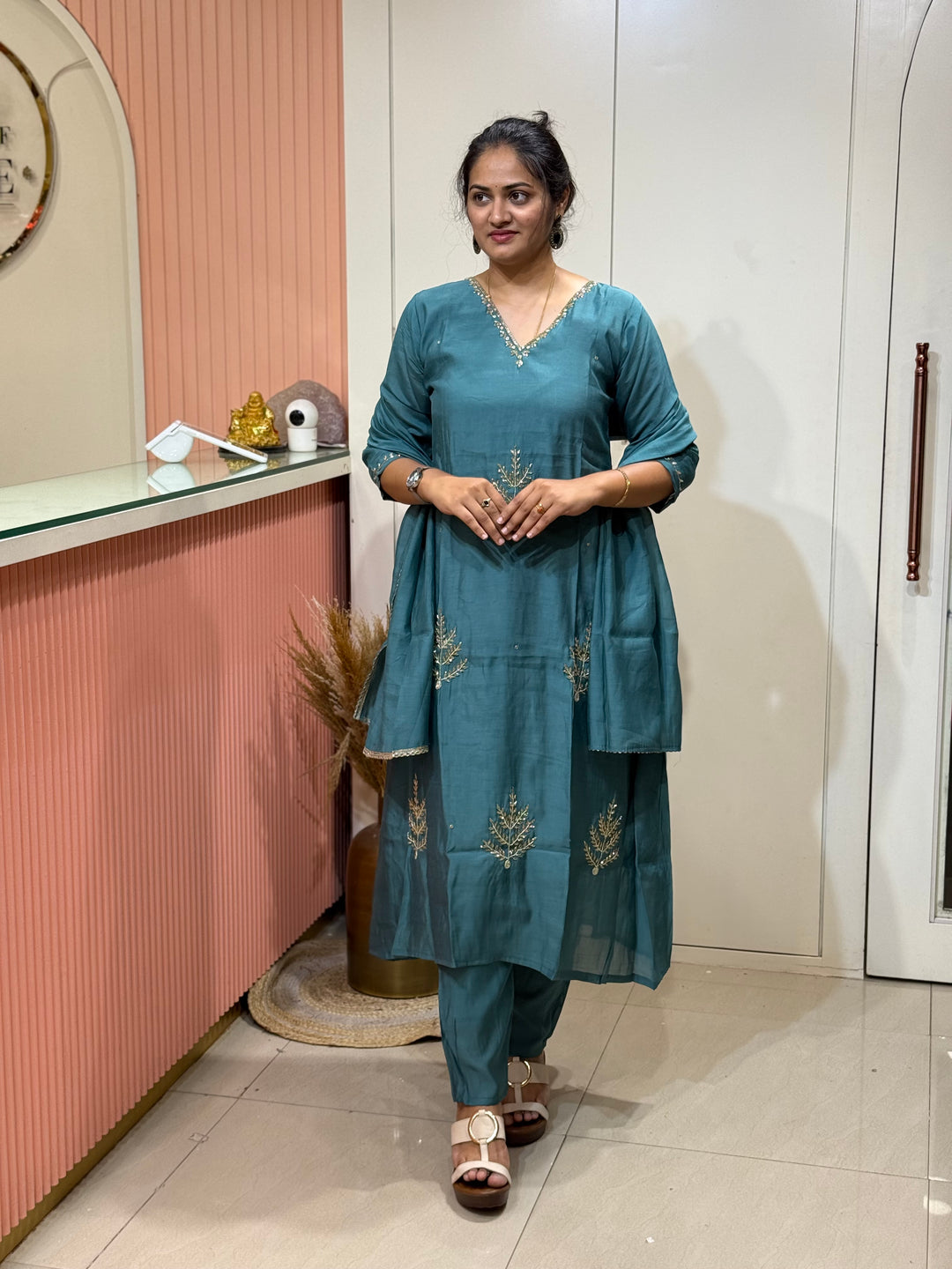 S Mul Chanderi 3 Pc Kurta Set | Semi Party Wear (New Arrivals)| R138