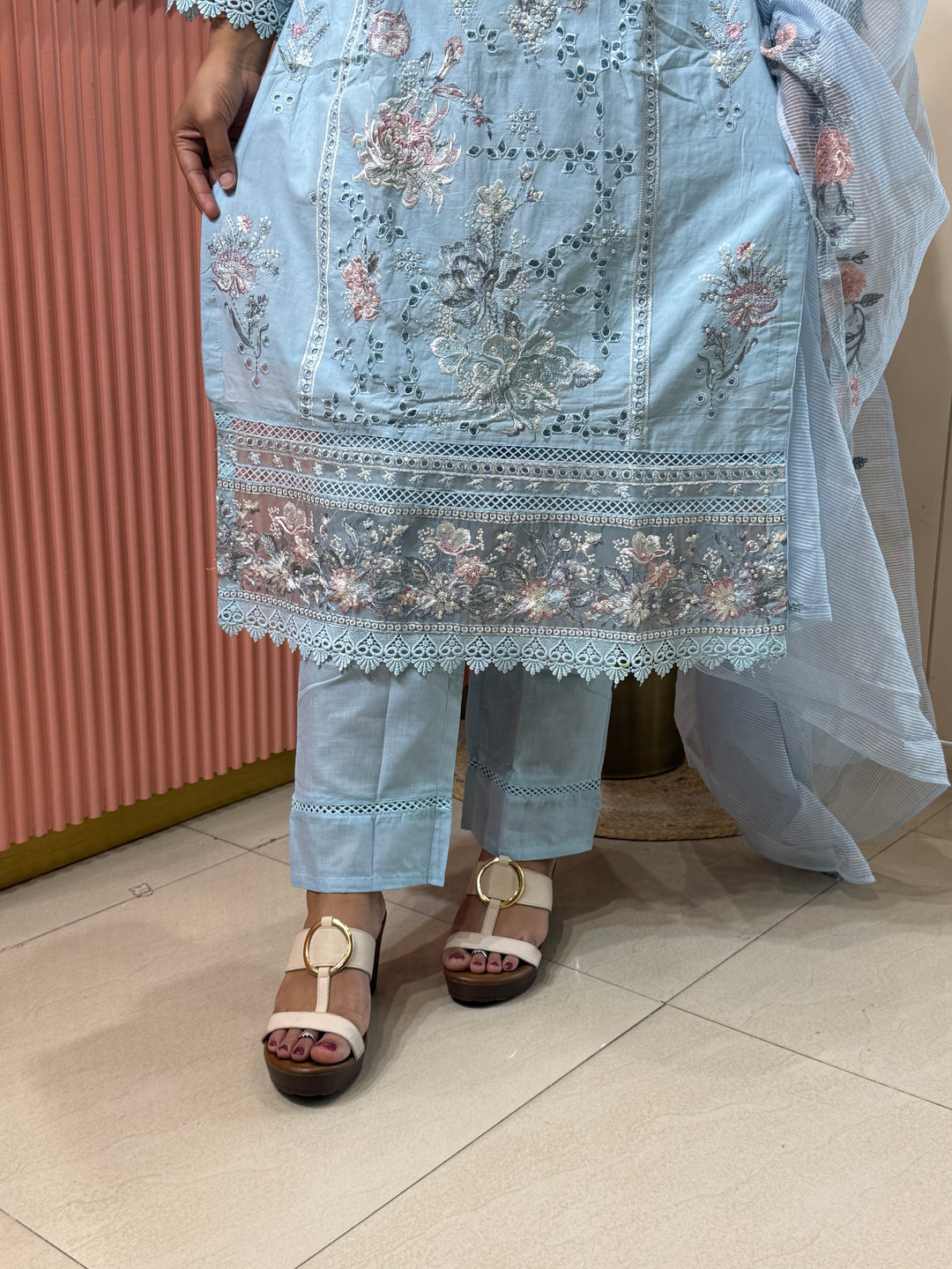 Premium Designer Schiffli 3-Piece Set with Kota Doria Dupatta | R221