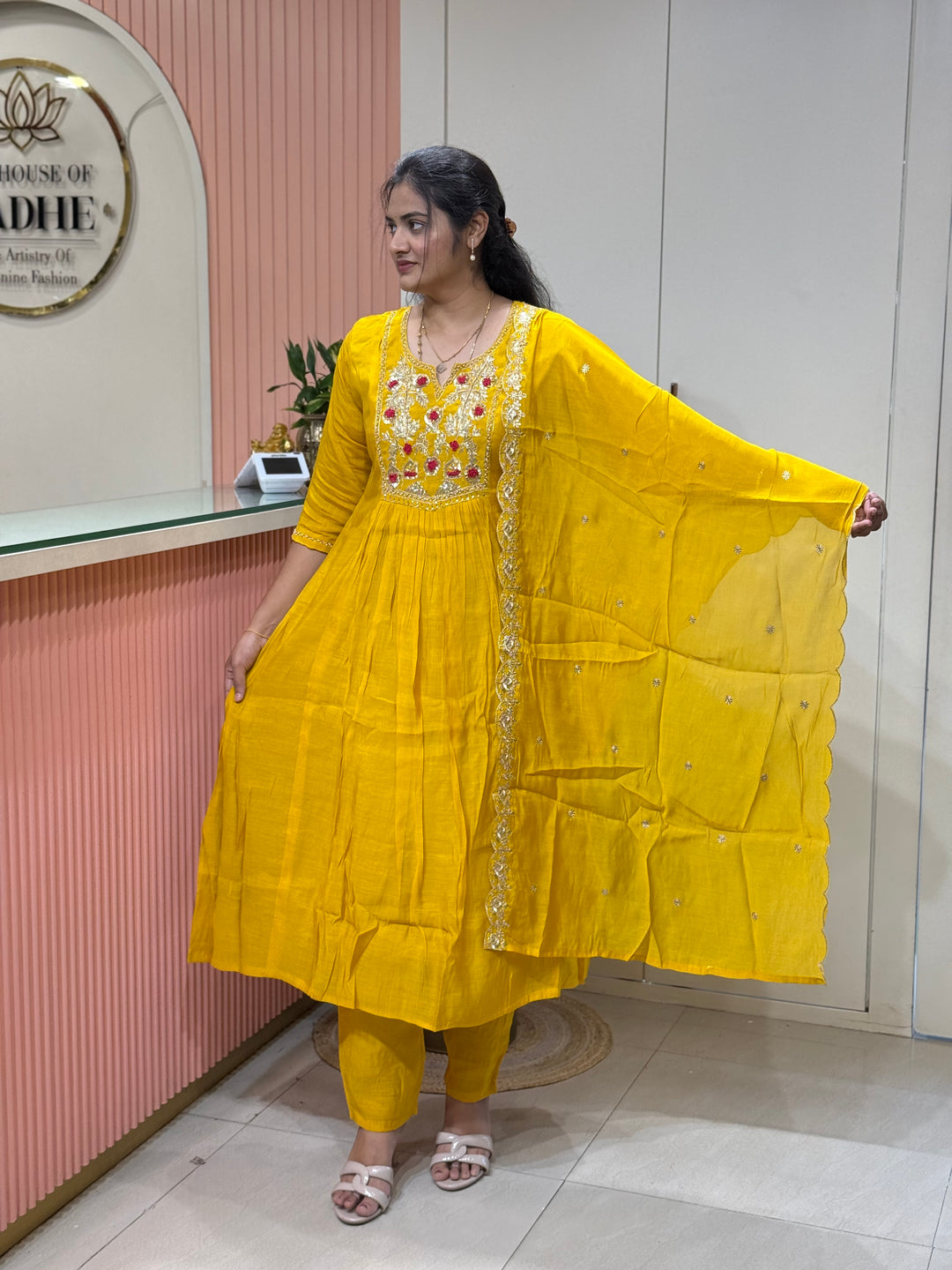 Premium Mul Chanderi Collection with Dupatta | Kali Pattern &amp; Handwork| R206