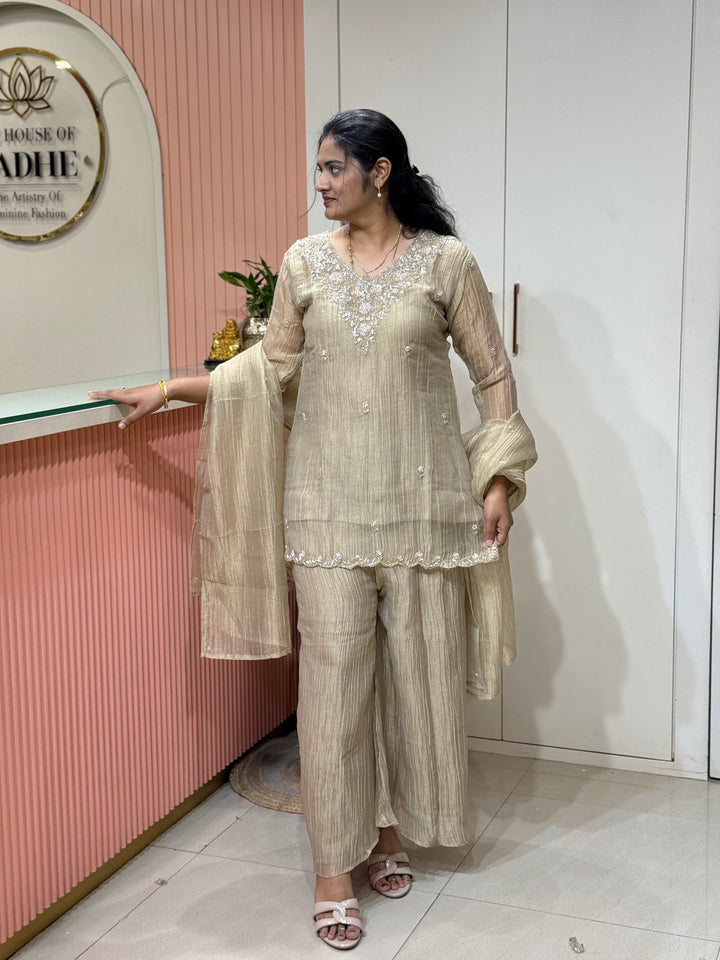 Shimmer Crush Tissue Fabric (salsa) with Handwork 𝗦𝘂𝗶𝘁 𝗔𝗿𝗿𝗶𝘃𝗲𝗱 | R148