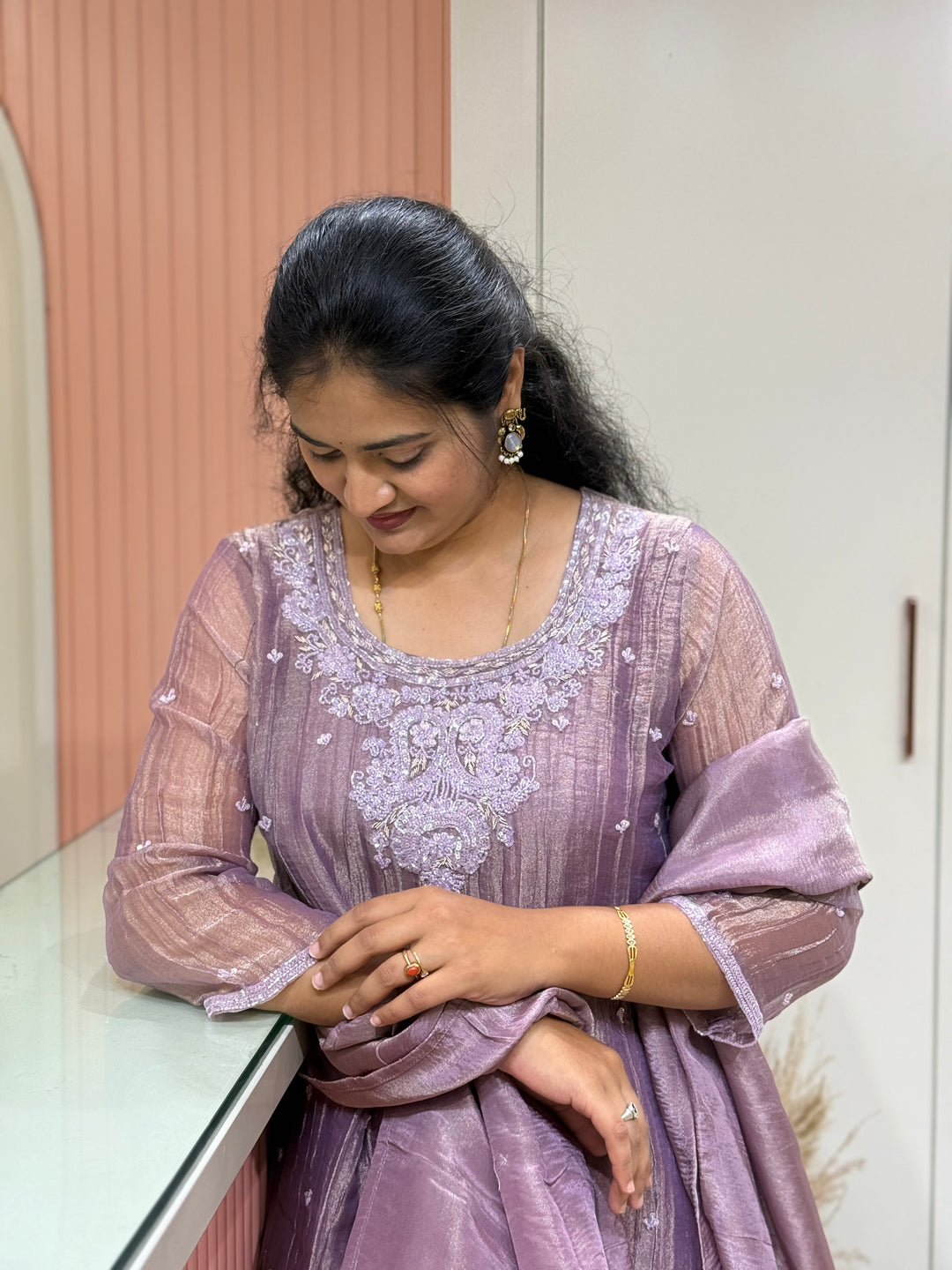 Shimmer Crush Tissue Fabric (salsa) with Handwork 𝗦𝘂𝗶𝘁 𝗔𝗿𝗿𝗶𝘃𝗲𝗱 | R148