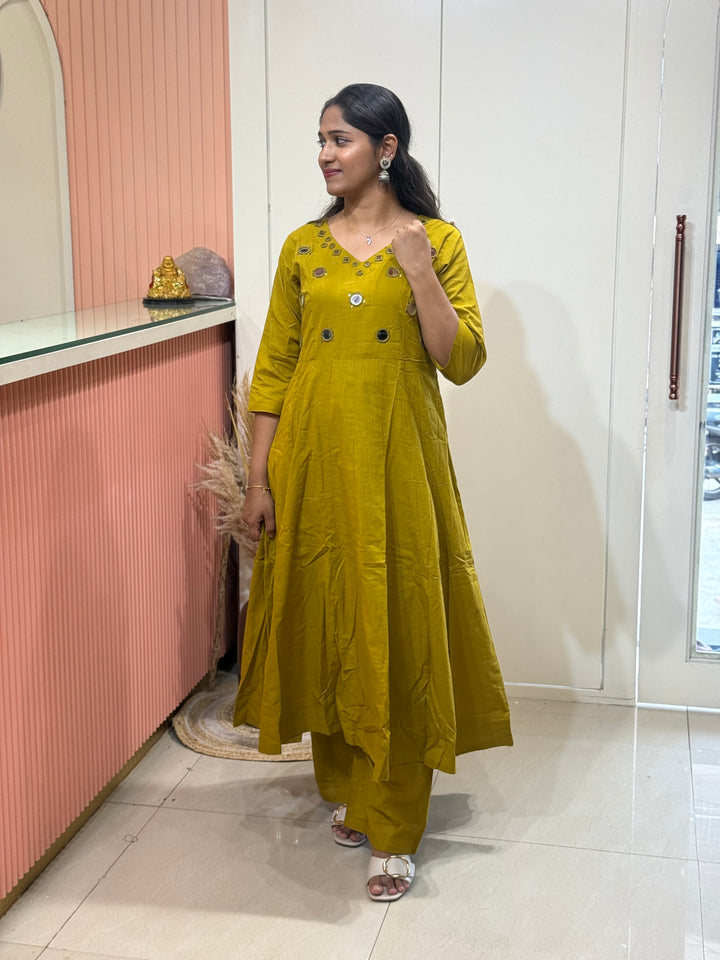 Pure Cotton Kali Pattern 2 Piece Set With Plazo Pant &amp; Real Mirror Work | R186
