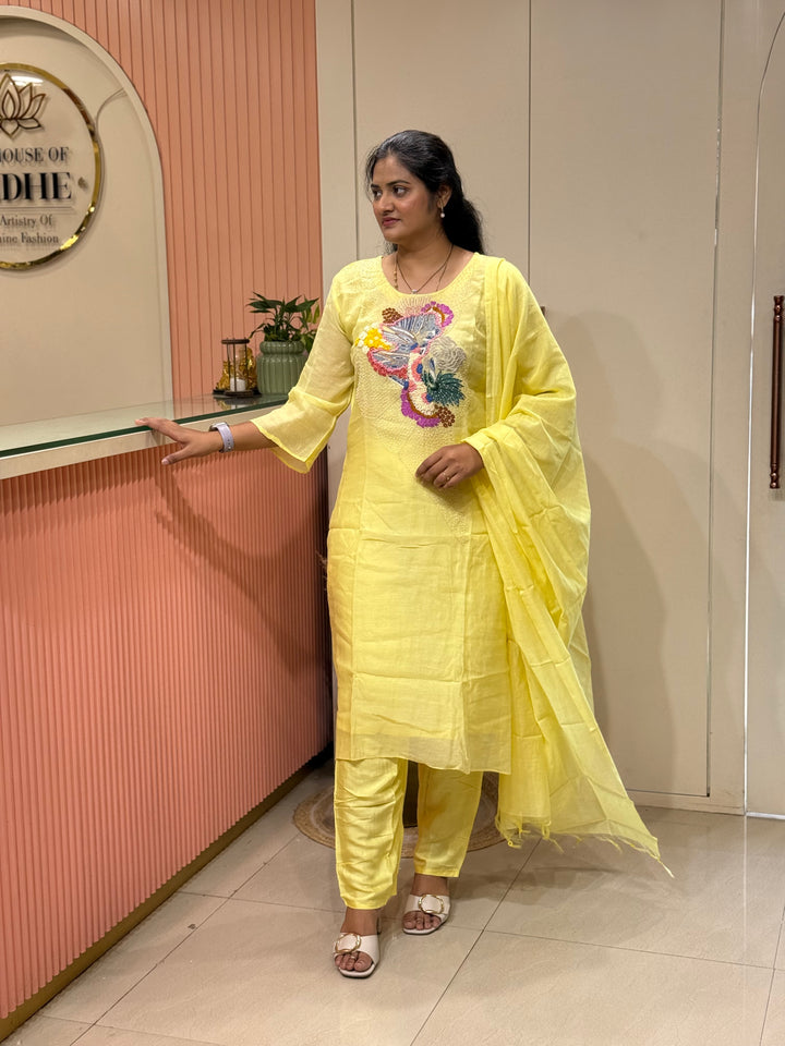 Pure Banarasi Mul Chanderi 3 Pcs Kurti set and Hand Embroidery work| R218
