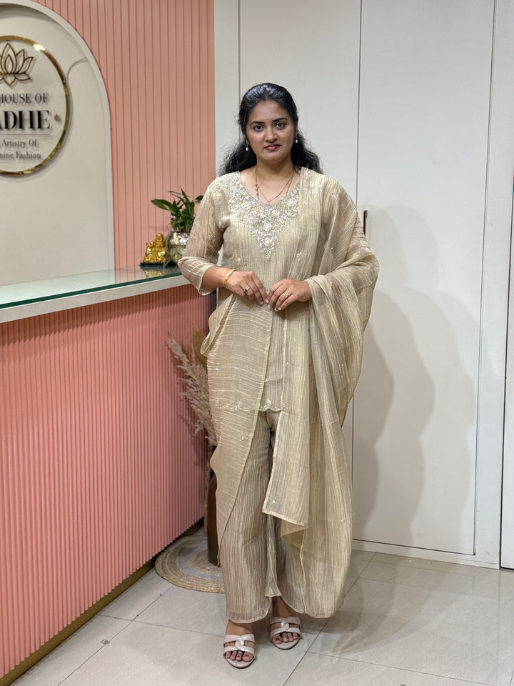 Shimmer Crush Tissue Fabric (salsa) with Handwork 𝗦𝘂𝗶𝘁 𝗔𝗿𝗿𝗶𝘃𝗲𝗱 | R148