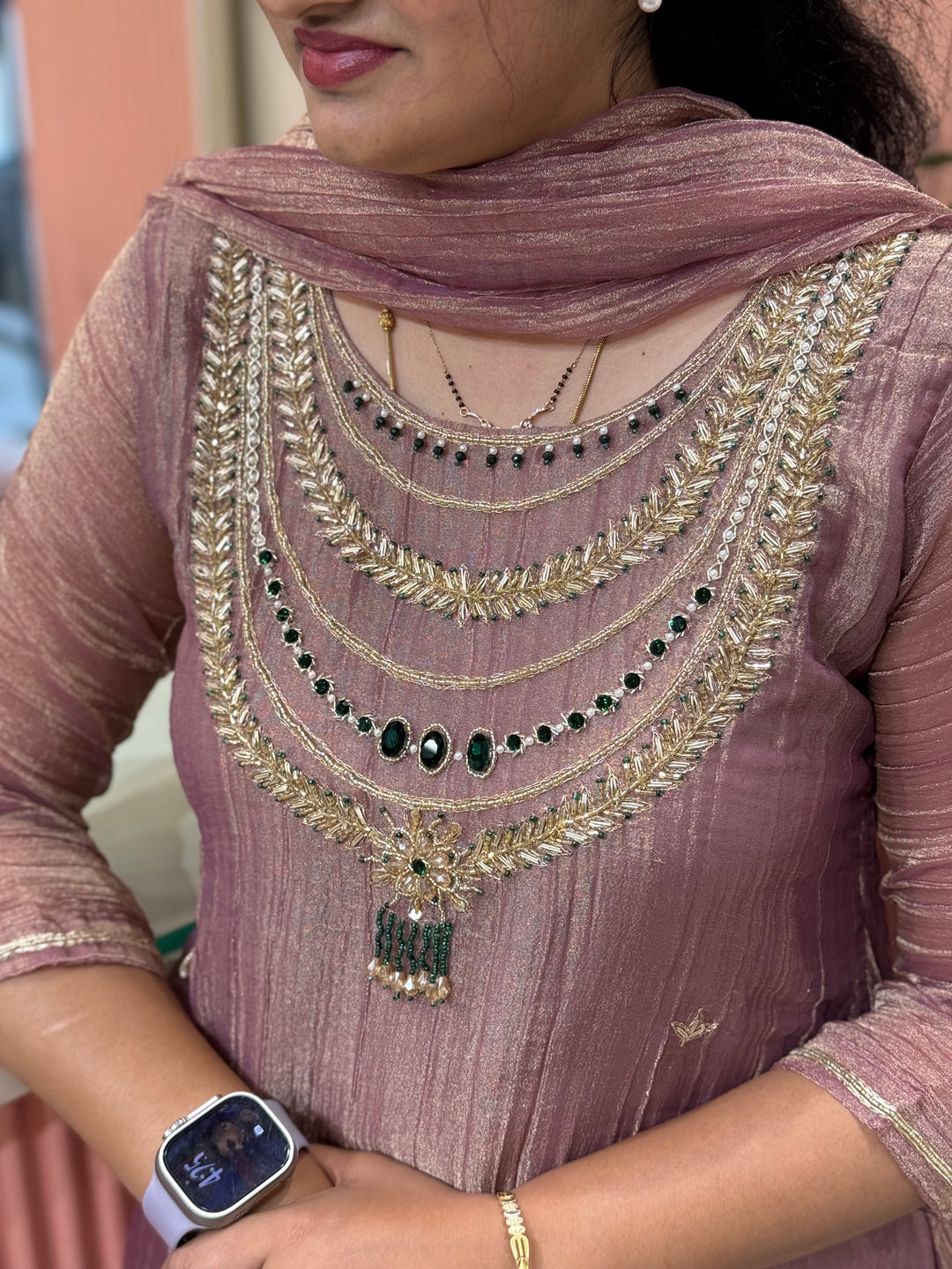 Shimmer Crush Tissue Fabric (salsa) with Jewellery-Style Neck Handwork 𝗦𝘂𝗶𝘁 𝗔𝗿𝗿𝗶𝘃𝗲𝗱 | R148