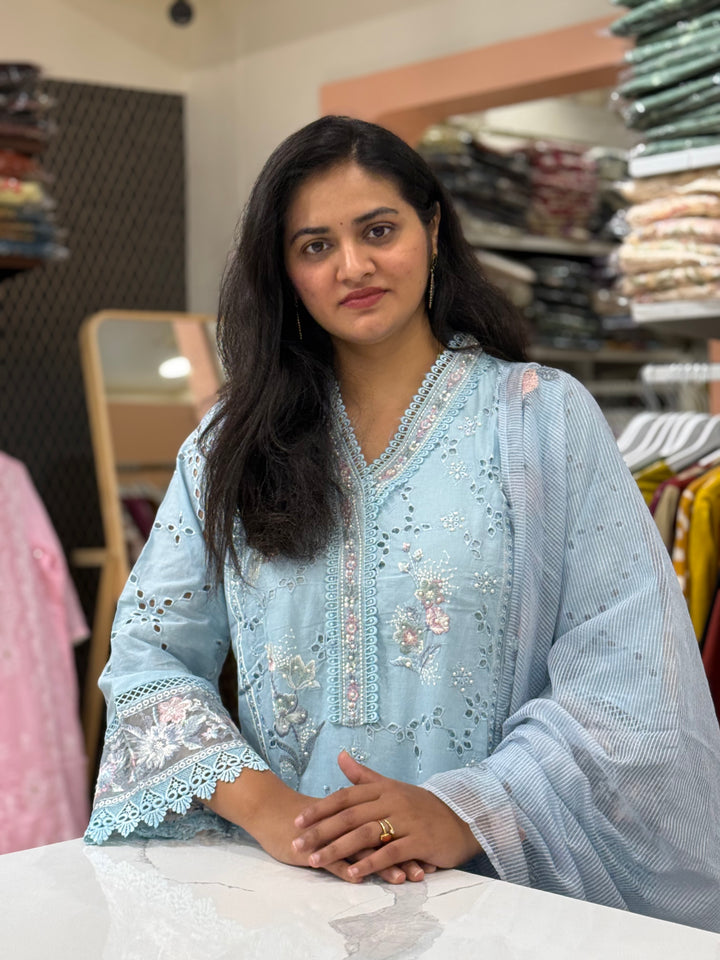 Premium Designer Schiffli 3-Piece Set with Kota Doria Dupatta | R221