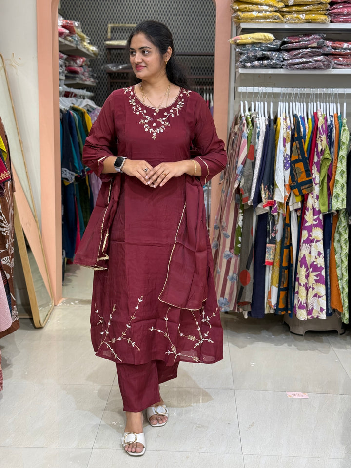 S Mul Chanderi 3 Pc Suit Collection Semi Party Wear| R138