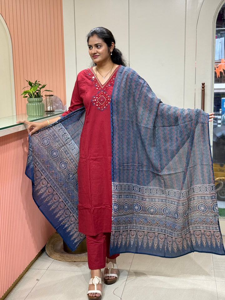 Cotton Collection with Real Mirror Work (Ajrakh Print Dupatta) | R210