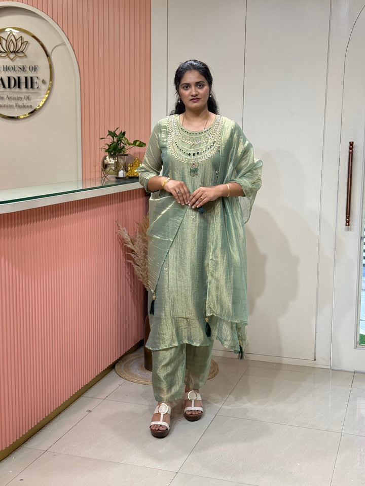 Shimmer Crush Tissue Fabric (salsa) with Jewellery-Style Neck Handwork 𝗦𝘂𝗶𝘁 𝗔𝗿𝗿𝗶𝘃𝗲𝗱 | R148