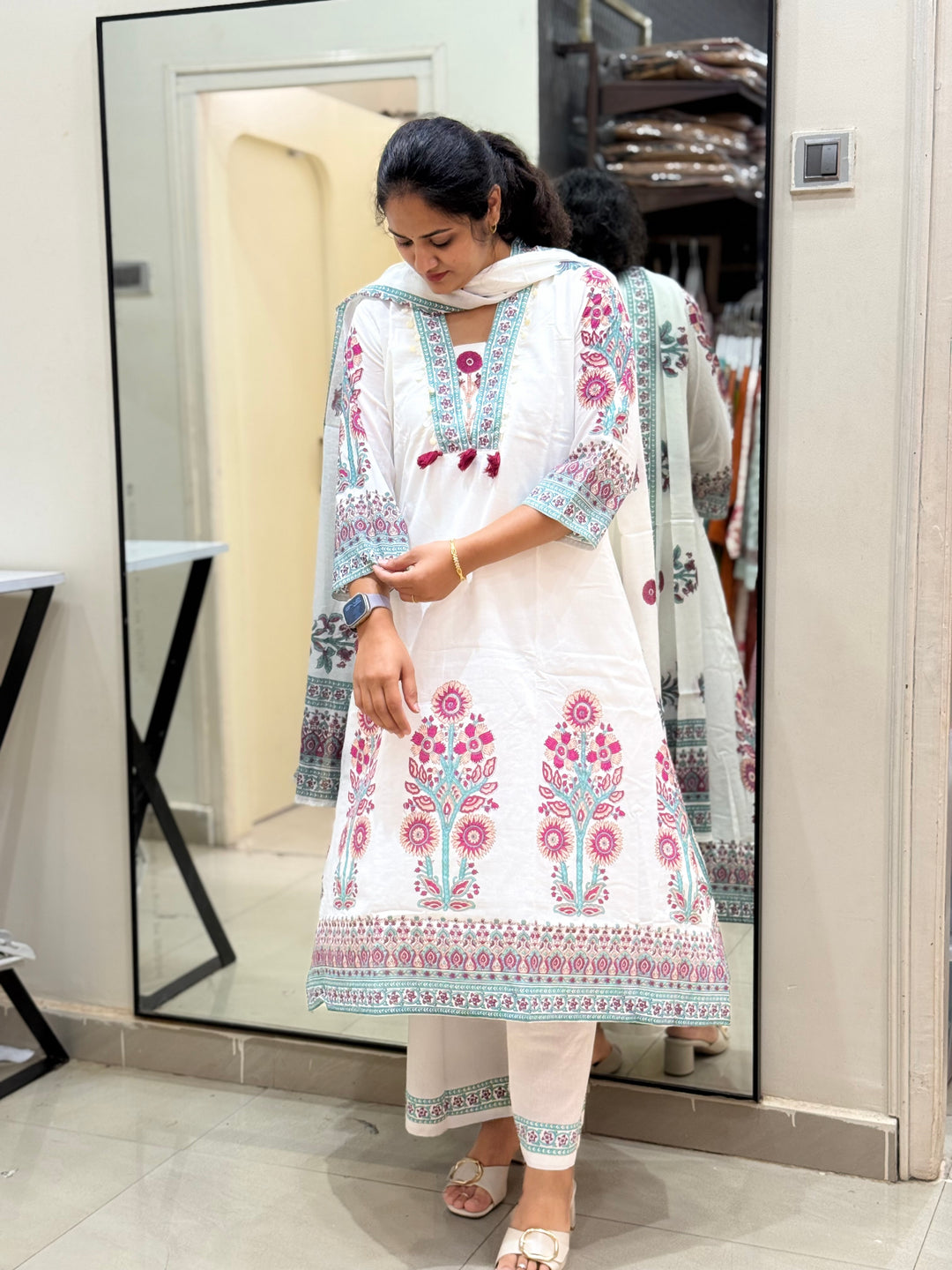 Premium Floral Print A-Line Cotton Set In White | R188